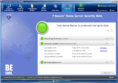 F-Secure's antivirus solution seamlessly connects to the Windows Home Server console.