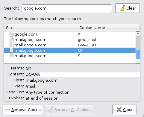 Google Mail cookie