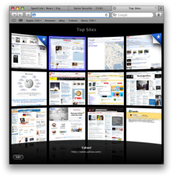 Safari combined title and tabs bar with Top Sites page.