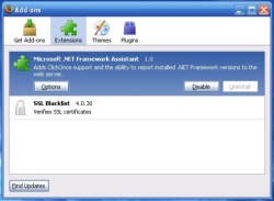 The Firefox Add-ons panel shows the Unistall option for the Microsoft .NET Framework Assistant add-on greyed out.