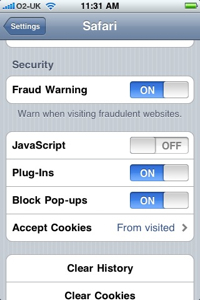 The Safari settings page under iPhone OS 3.1.